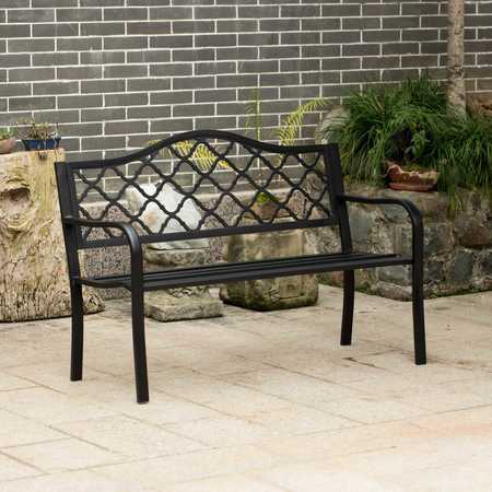 Gardenised Gardenised Outdoor Garden Patio Steel Park Bench Lawn Decor with Cast Iron Back, Black Seating bench for Yard, Patio, Garden and Deck QI004259